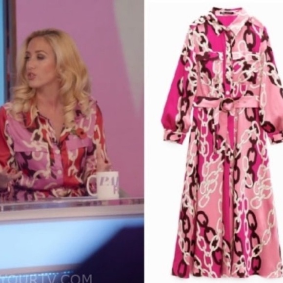 Zara‎ Pink Chain Print Satin Effect Midi Shirt Dress V-Neck Long Sleeve Medium - Picture 1 of 16